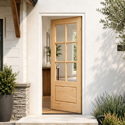 Porte d'entrée extérieure en pin massif à 6 carreaux vitrés, en bois brut avec verre trempé.