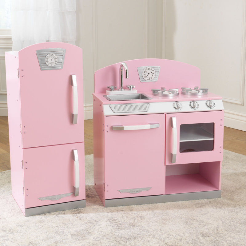 Pink Retro Wooden Play Kitchen and Refrigerator 2-Piece Set, Pink