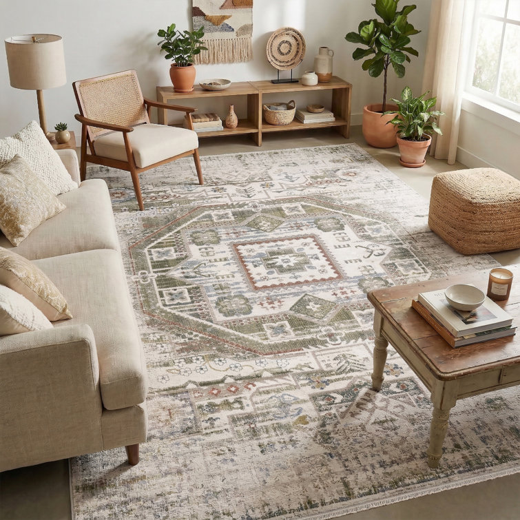 Boho Vintage Fringe Area Rug In Cream/Beige/Green/Blue/Rust Carpet For Living Room, Bedroom, Hallway