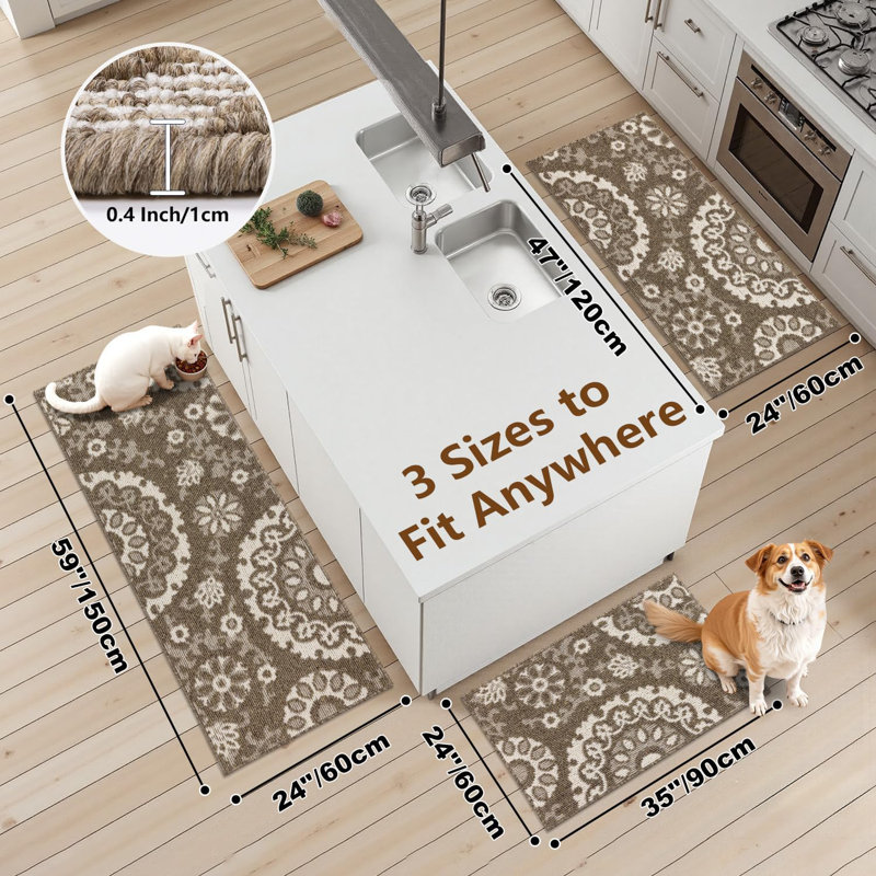 24"Wide Scratch-resistant Kitchen Mats (Set of 3), Brown 