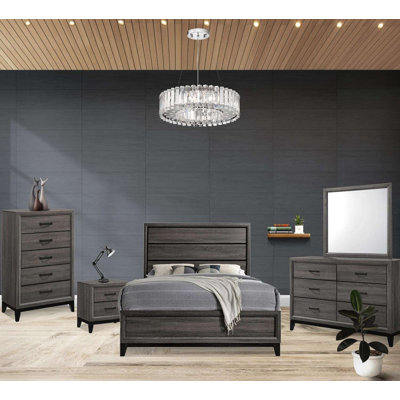 Ensemble de chambre à coucher 5 pièces - Grand lit avec commode, miroir et 2 tables de chevet, bois contemporain gris / noir