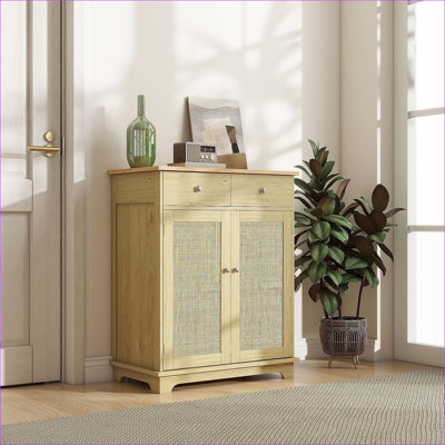 Buffet moderne avec plateau en bois d'hévéa massif, 2 tiroirs, 2 portes Tablette réglable | Rotin naturel | Bois | Salle à manger