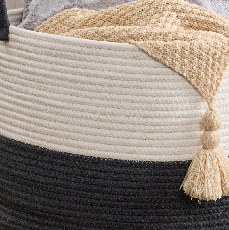 Panier à linge rond en coton blanc, Blanc / Gris