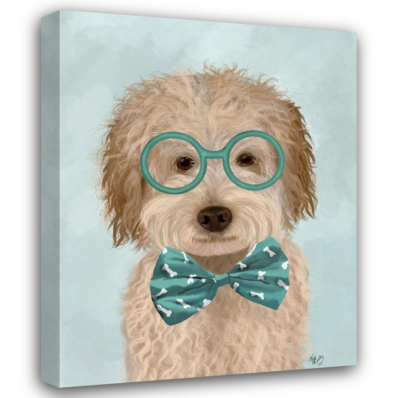 Trinx Fab Funky Gallery Wrapped Canvas Art Titled: Labradoodle, Cream, with Glasses and Bow Tie, H 24 po x l 20 po