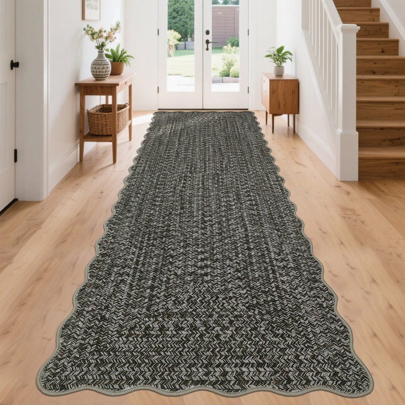 Washable Rug Scalloped Rug Non Slip, Farmhouse Braided Print Carpet, Soft Non Shedding Floor Covering, Low Pile Thin Foldable Mats, Indoor Neutral Carpet for Living Room Bedroom