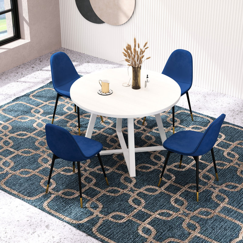 Table ronde de salle à manger 5 places - Bleue, avec piètement à tréteaux et 4 chaises, design contemporain élégant pour la salle à manger