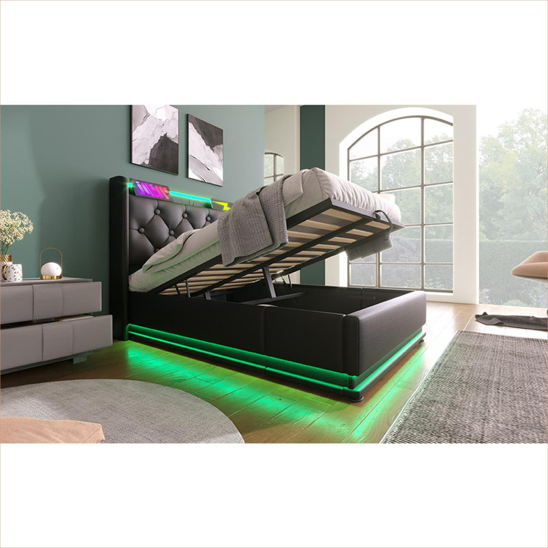 Lit de rangement hydraulique rembourré simple pour chambre à coucher, polyuréthane noir élégant avec DEL à 360 ° et charge USB-C