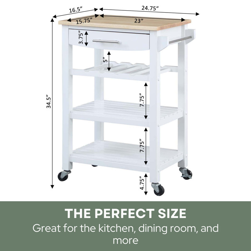 Michelle 4 Tier Butcher Block Kitchen Cart with Drawer and Wine Rack, White