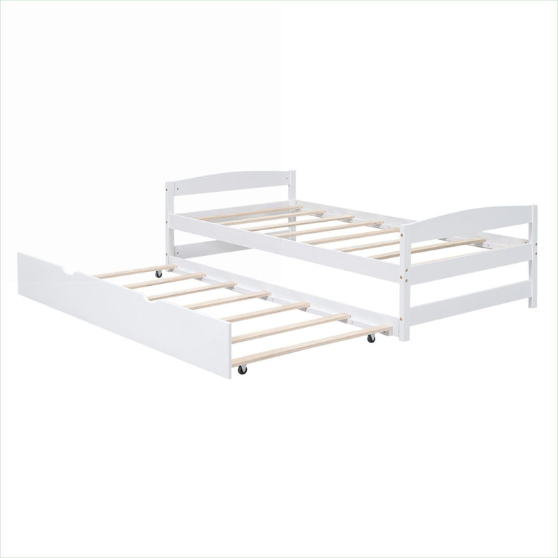 Petit lit plateforme ou lit d'invité de petite taille en pin massif blanc avec lit gigogne escamotable