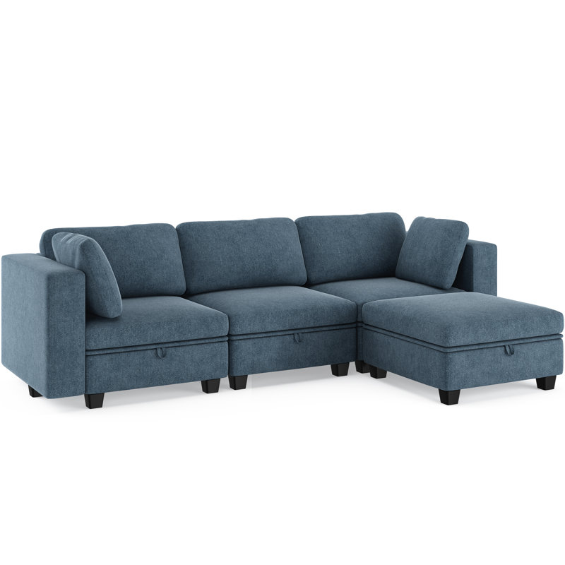 Canapé modulaire en L avec compartiment de rangement, Tissu bleu