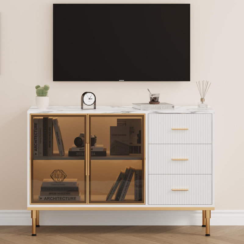 46.4" Fluted Buffet Sideboard Cabinet with Glass Doors, 3 Drawers & Faux Marble Top for Dining Room, White
