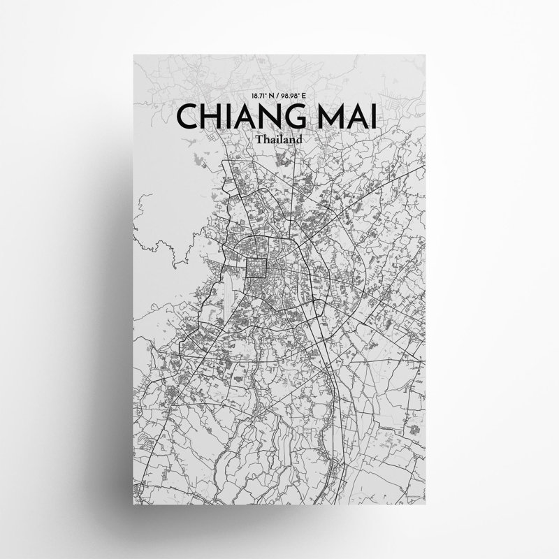 Chiang Mai City Map In Tones - No Frame Print, 17cm H x 11cm W x 0.05cm D