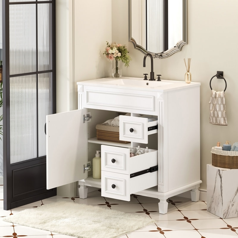 Meuble-lavabo de 30 po avec lavabo en céramique, petite armoire de salle de bain, armoire moderne avec 2 tiroirs et tablette réglable