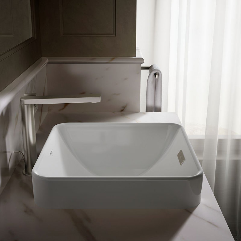 Vox Ceramic Square Vessel Bathroom Sink with Overflow, White