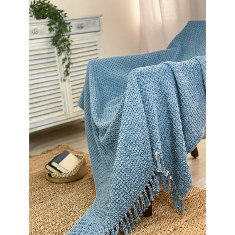 Stonewash Blue Cotton Waffle Weave Throw Blanket