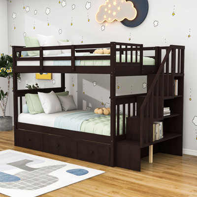 3 Drawers Twin Over Twin Bunk Bed with Shelves, Staircase and Guardrails