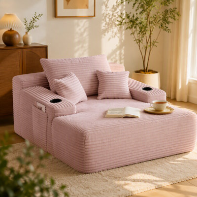 Méridienne convertible en peluche avec accoudoirs larges et coussins décoratifs, canapé-lit douillet et désossé, avec porte-gobelet, pour le salon, la chambre à coucher, aucun assemblage requis, rose