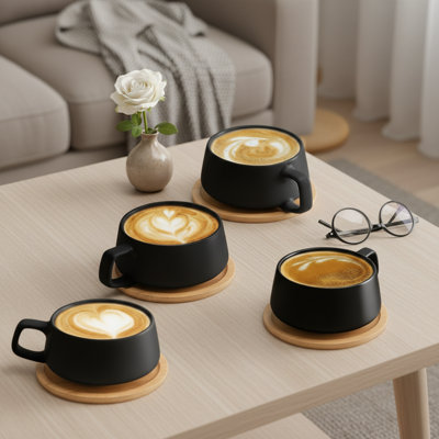 Luxury Series Black 11Oz Ceramic Cup And Saucer Set (4 Pieces) - Wide Mouth Design, Suitable For Cappuccino, Latte, And Other Coffees
