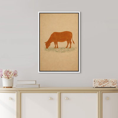 Minimalist Grazing Cow Farm Animal Illustration Wall Art Decor Framed On Canvas Print