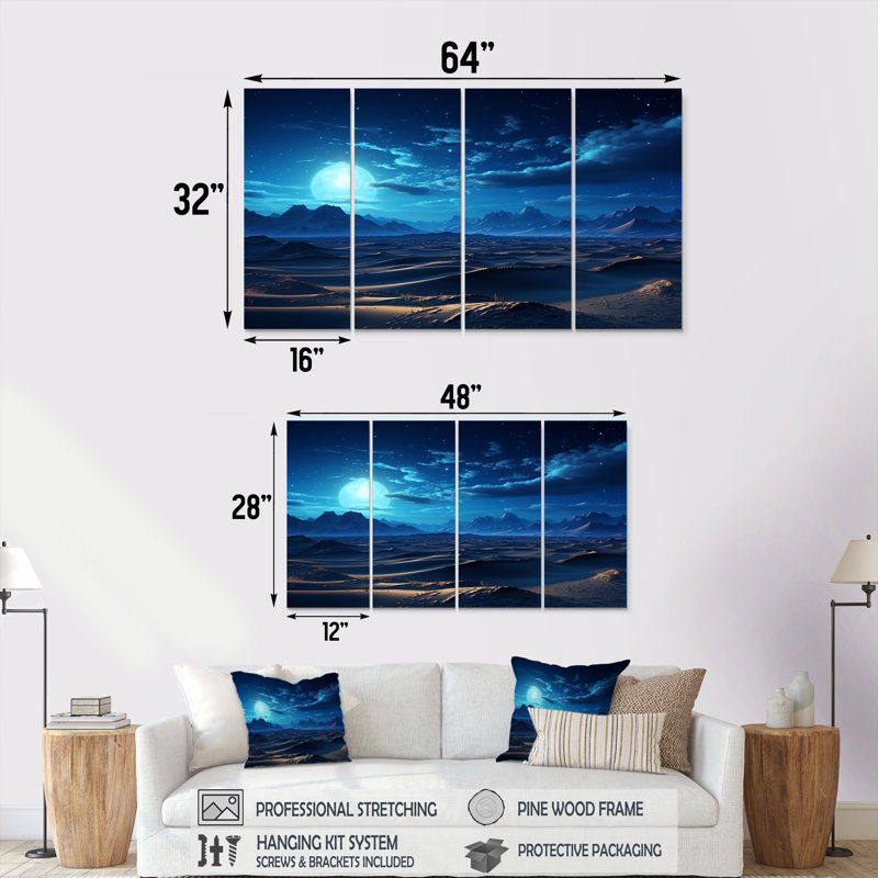 «Blue Nocturnal Desert Dunes I - Desert», art mural 4 pièces, H 28 po x l 48 po