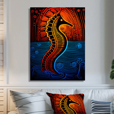Majestic Minimal Seahorse en rouge et bleu - reproduction d'art mural hippocampe