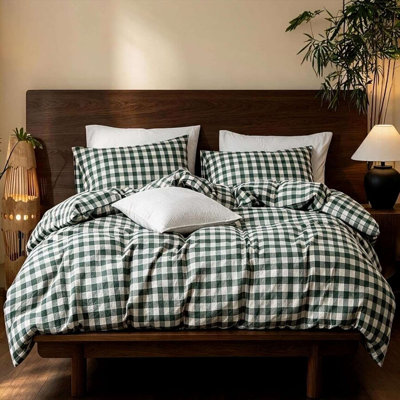 XINMIANFANG Plaid Duvet Cover Set 100% Washed Cotton Linen Feel Checkered 3 Pcs Bedding Set Soft Breathable