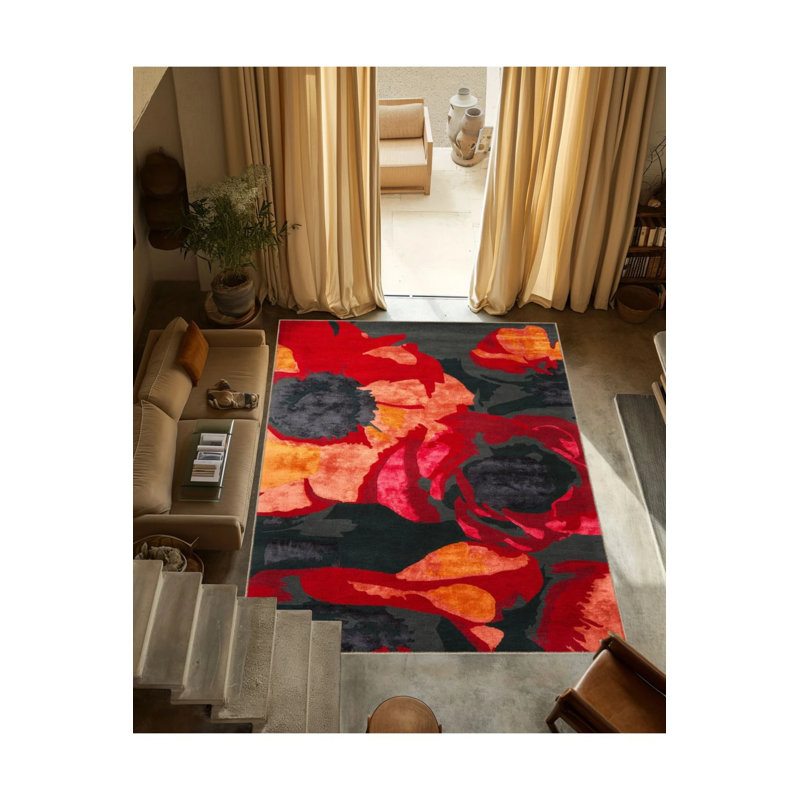 Red Gray Themed Abstract Flower Rose Pattern Creative Modern Decorative Carpet, Rectangle 4'8" x 6'7"