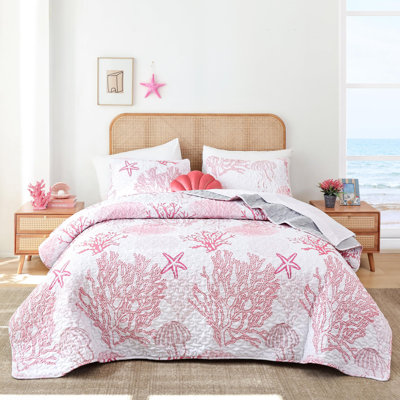Coastal Quilt Set 3 Pieces - Bedding Lightweight Ocean Print Quilt With Two Pillowcases