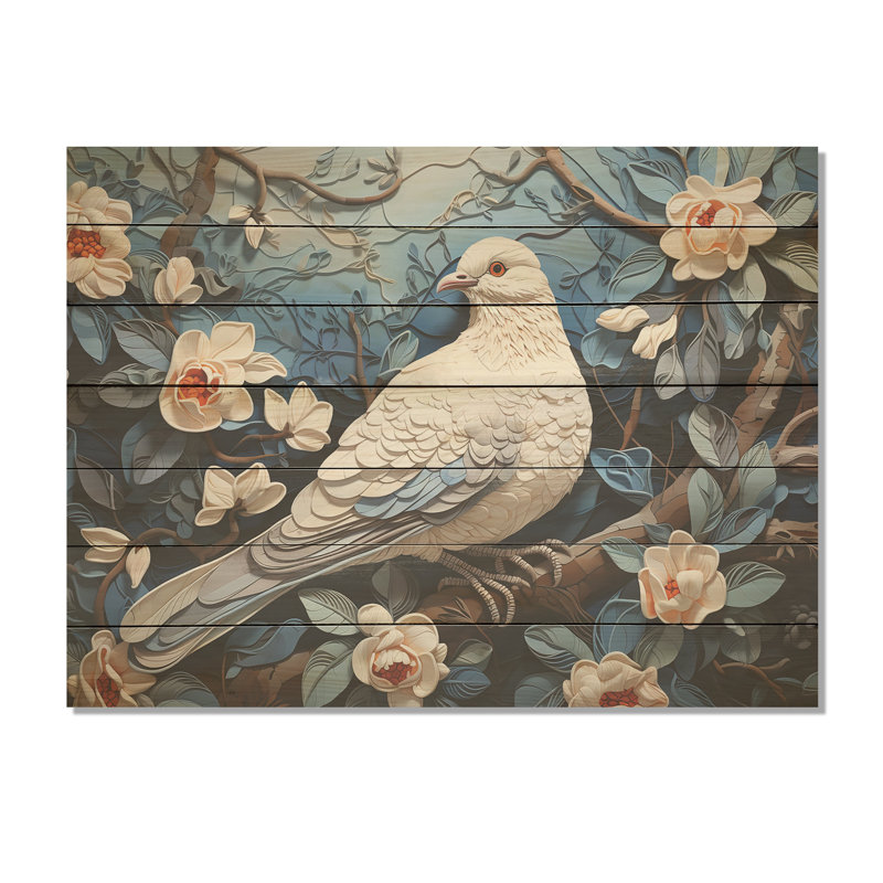 Colombe blanche et bleue Sprintime - impression colombe sur bois, H 34 po x l 44 po x P 0,78 po