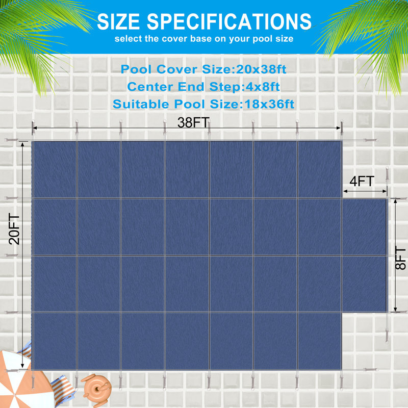 Premium 18X36ft Rectangular Inground Pool Safety Cover With 4X8ft Step, Blue Mesh, Blue