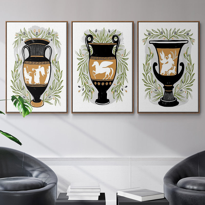 Vases grecs I 3 pièces, H 24 po x l 48 po x P 2 po, Noyer