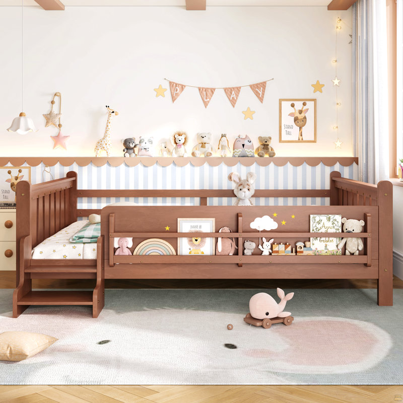 Grand lit au sol avec bibliothèques de rangement, lit en bois massif pour enfants avec de jolis escaliers et garde-corps, aucun sommier nécessaire