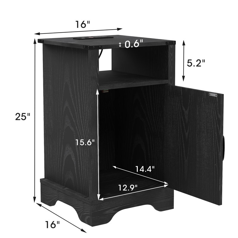 Bradford Farmhouse Nightstand Side Table with Electrical Outlets Charging Station, 2, Black