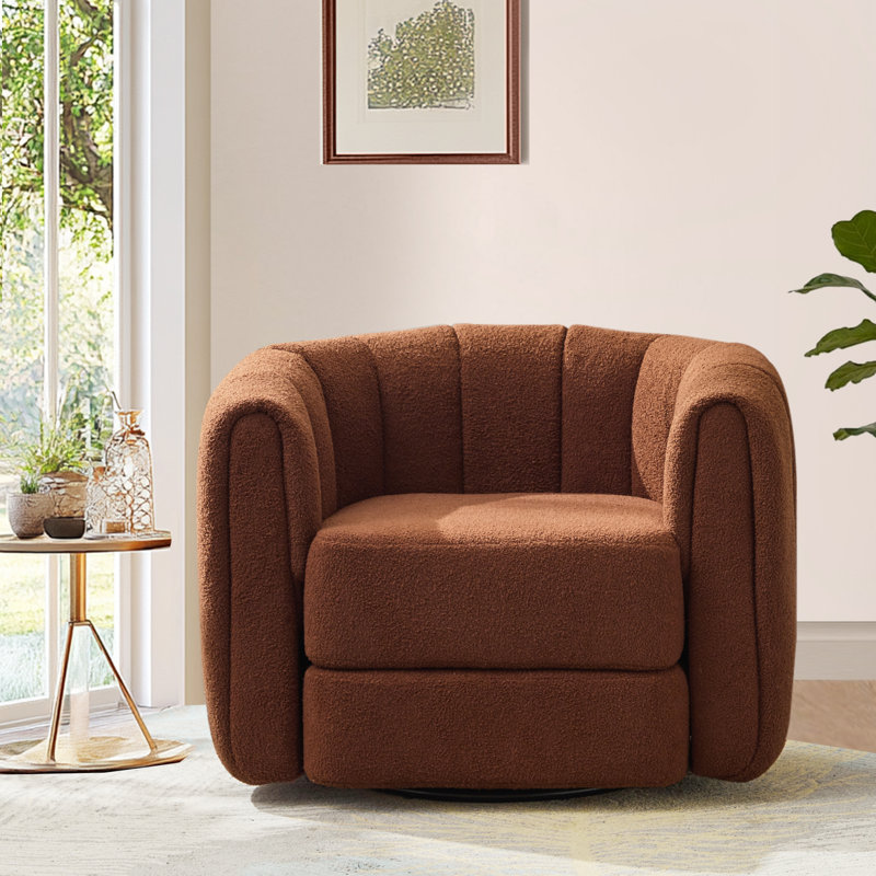 37" Wide Accent Chair, Boucle Upholstered Swivel Barrel Chair, Brown, Brown Teddy
