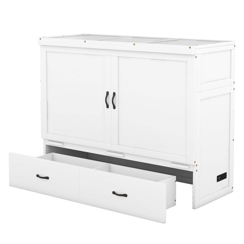 Lit escamotable polyvalent avec port USB et grand tiroir pour optimiser l'espace, Grand lit, Blanc