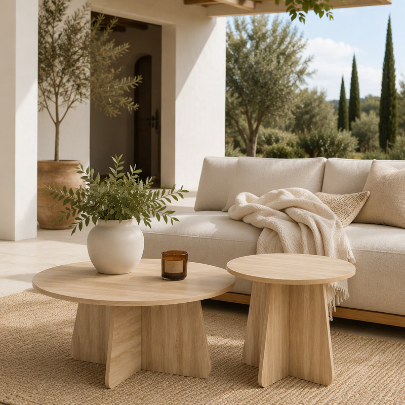 Retro-style nesting coffee table set. Available in walnut or natural wood finishes. Round nesting side tables with crisscross legs. Ideal for living rooms and dining rooms.