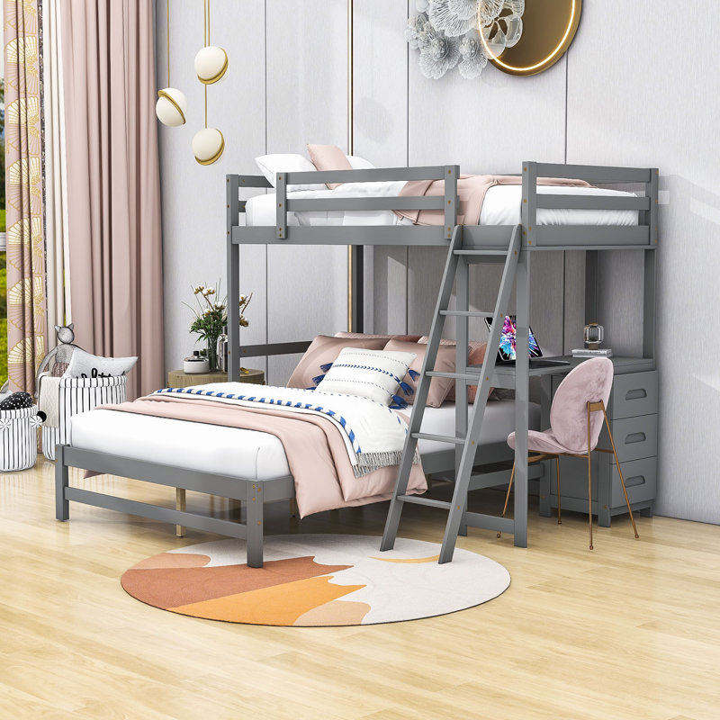 Etra Kids Twin Over Full Bunk Bed with Drawers, Gray