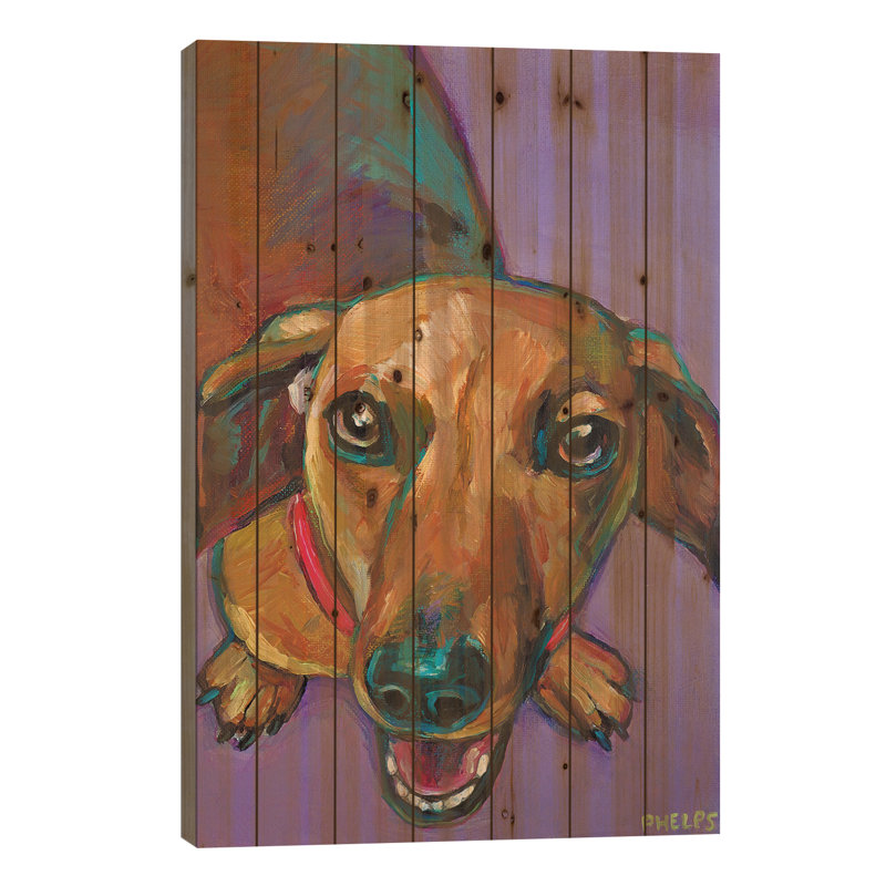 «Lucy le teckel sur bois» par Robert Phelps, H 40 po x l 26 po x P 1,5 po