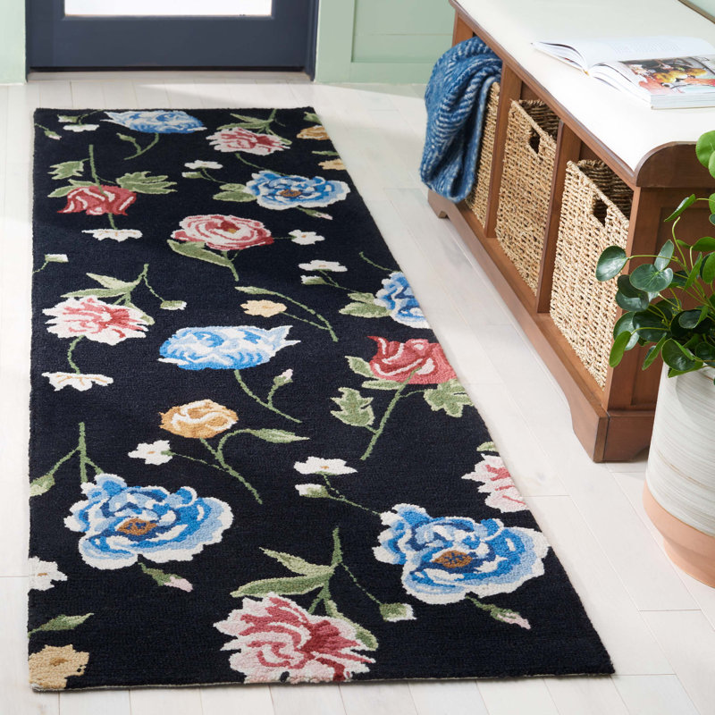 Leitha Hand Tufted Wool/Cotton Floral Rug in Black/Red, Runner 2'3" x 8'