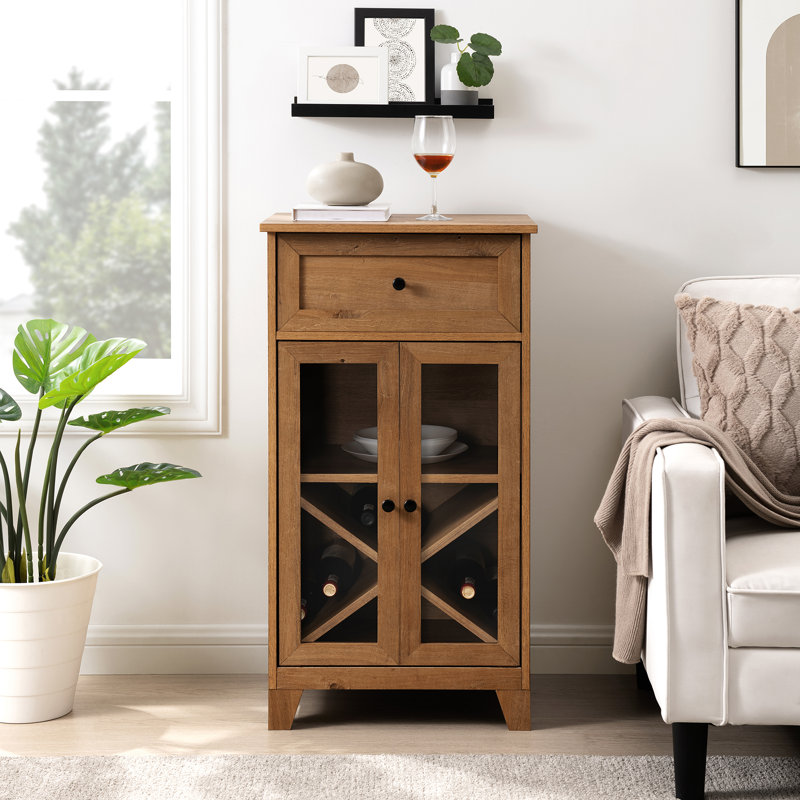 Classic Glass-Door Bar Cabinet with Bottle Storage, English Oak