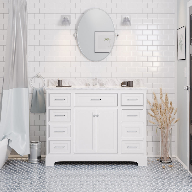 Ronnie 22" D x 35" H Single Bathroom Vanity with White Cabinet and Carrara Marble Countertop, White, Carrara Marble