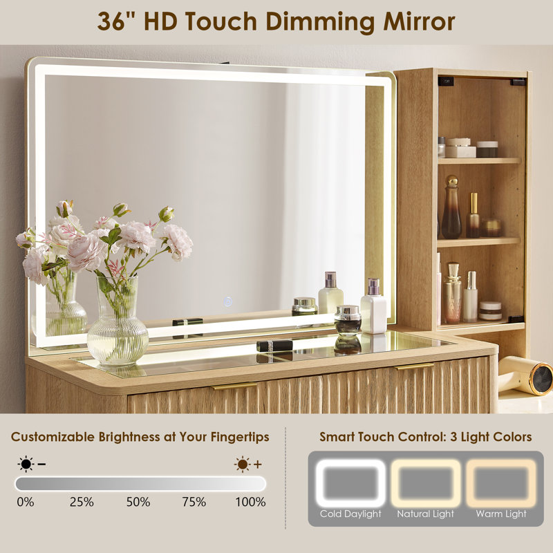 Carsin 48" W Engineered Wood Makeup Vanity with Lighted Mirror, Oak