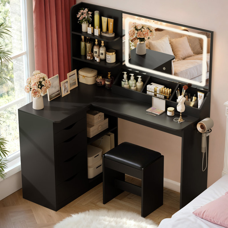 Vanity Desk with Mirror and Lights, Built-in Power Outlets, Storage Drawers & Open Shelves, LED Mirror with 3 Color Modes, Includes Cushioned Stool