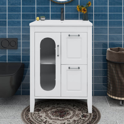 Meuble-lavabo 24 po avec lavabo, armoire en bois massif avec porte en verre et 2 tiroirs