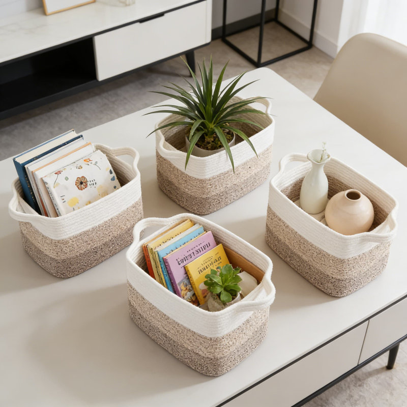 Ensemble de 3 paniers de rangement tissés, paniers de rangement décoratifs rectangulaires pour tablettes, placard, chambre de bébé, faits à la main à partir de corde de coton naturel doux pour jouets, livres, vêtements et serviettes
