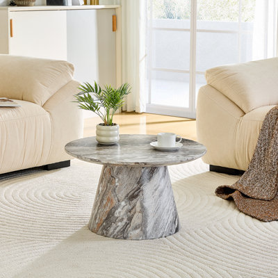 Table basse circulaire gris en fibres à densité moyenne texturée - diamètre 23,6 pouces, hauteur 13,7 pouces, placage texturé gris, texture délicate, adaptable à un plateau de table circulaire.