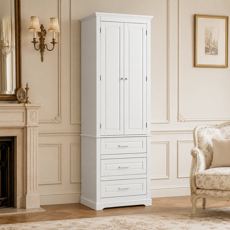 Armoire de rangement autoportante pour salle de bain avec tiroirs, tablettes réglables et poignées en métal