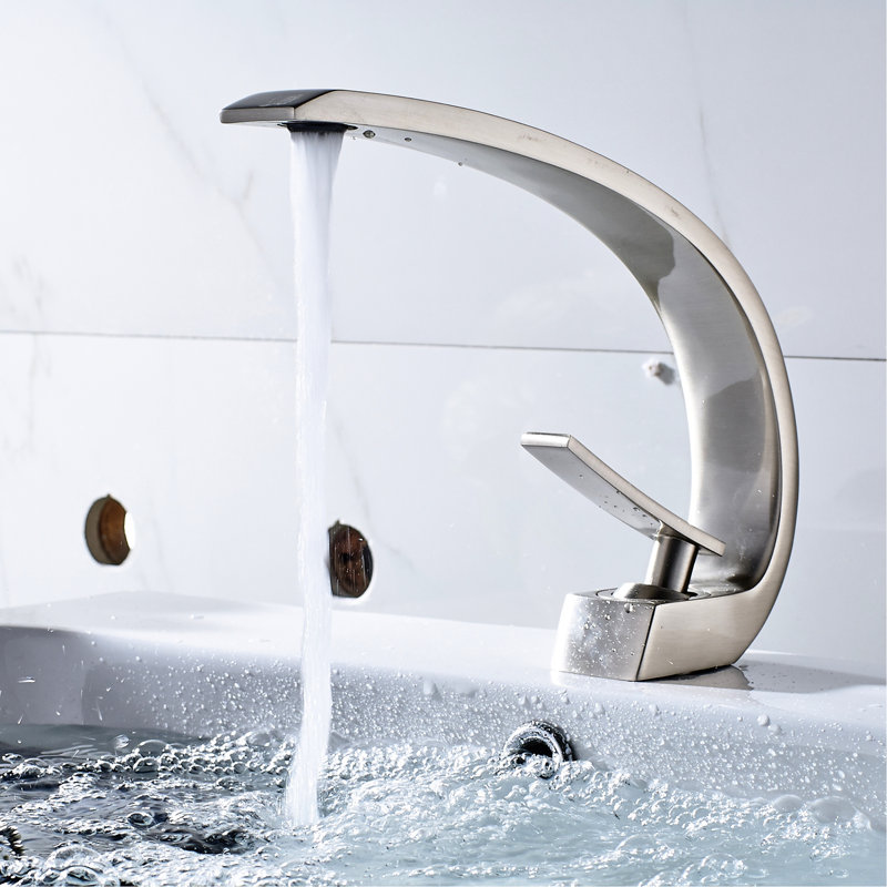 Robinet de lavabo pour salle de bain en nickel brossé - Monotrou avec forme géométrique et valve de remplissage en céramique