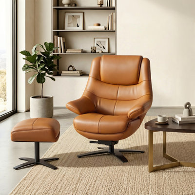  Fauteuil inclinable pivotant à 360 ° en cuir véritable avec repose-pieds, dossier réglable pour le salon
