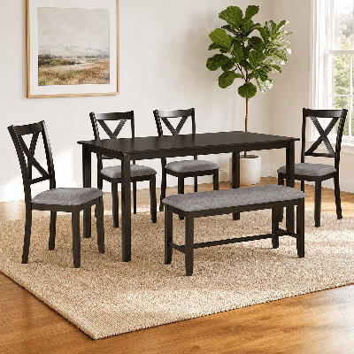Ensemble de table de salle à manger 6 pièces avec chaises à dossier en X et banc - Mobilier en bois durable pour les salles à manger